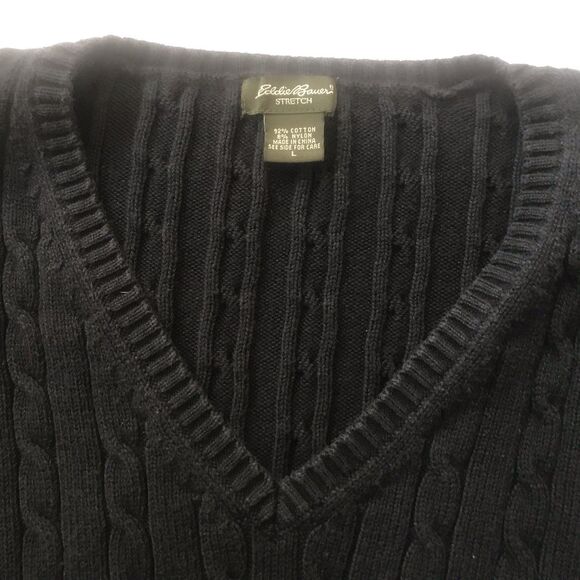 VTG Y2k Eddie Bauer Women L V-Neck L/S Heavy Cotton Cable Knit Sweater Fisherman - Picture 3 of 10